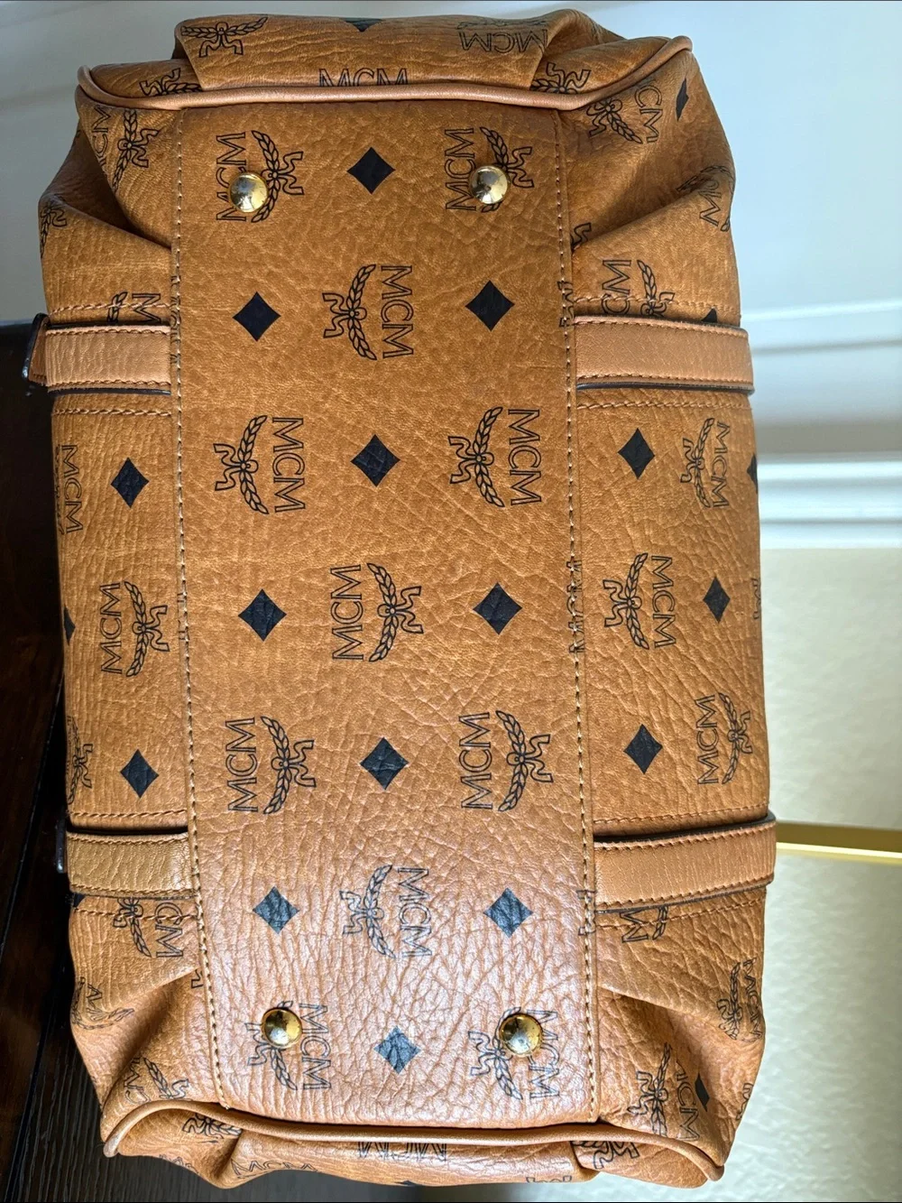 MCM Tan Cognac Logo Visetos Satchel with Gold Hardware